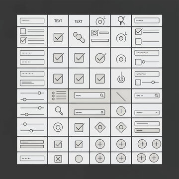 Grayscale Wireframe UI Components Featuring Panels, Icons, and Form Elements.