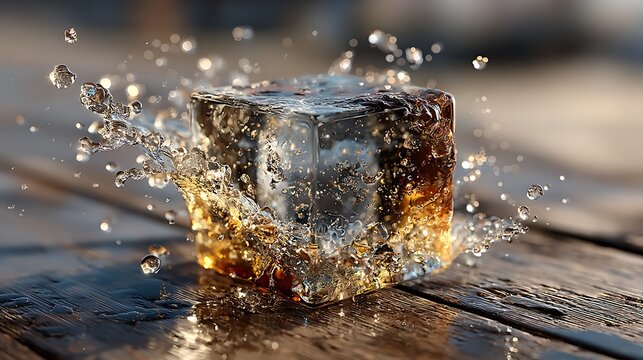 Closeup transparent ice cube melting on glossy wood, ideal for bar posters and product photography images