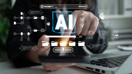 Fototapeta premium Digital Interface Showcasing Artificial Intelligence with User Interaction and Data Visualization on Modern Workspace Quark.