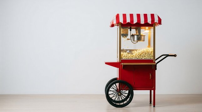 A vintage popcorn cart (with yellow popcorn) in a minimalist setting, against a light background with copy space.