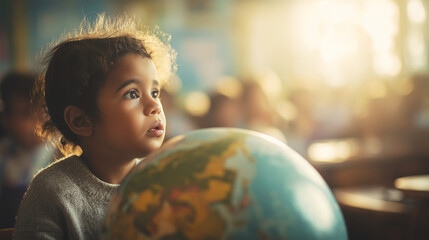 Naklejka premium Young child intently observing a globe in a classroom, representing early education, future exploration, and knowledge acquisition