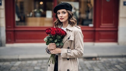Fototapeta premium A young woman in a stylish outfit holding a bouquet of roses on a city street