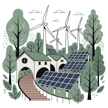 Sustainable smart village with solar panels wind turbines and green architecture