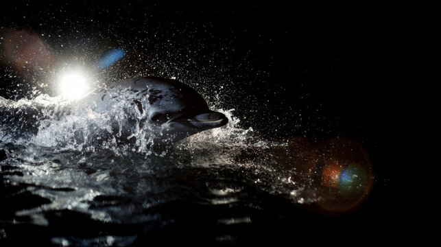 Dolphin emerging from dark water, creating dynamic splashes. Dramatic illumination and lens flare highlight the powerful movement