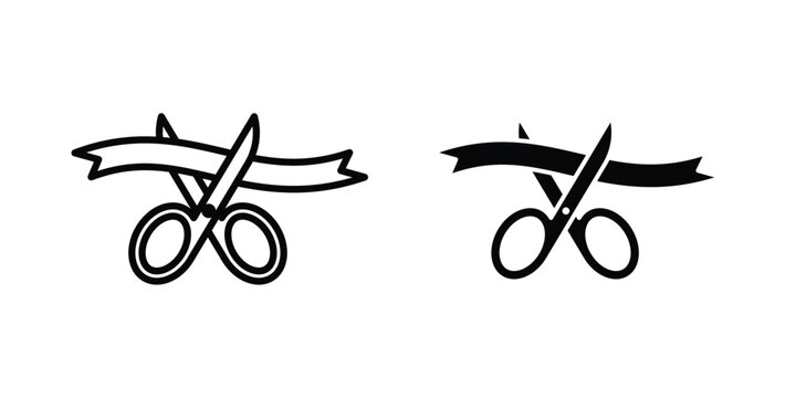 Scissors cutting ribbon icon. Line and glyph solid vector collection.