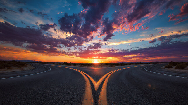Forked road splitting into two directions in a barren landscape, providing a choice or decision point under a vibrant sunset sky