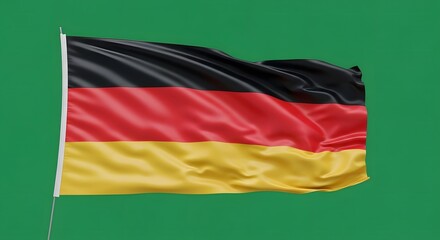 Waving flag of Germany against green background. National symbol of German country and patriotism. Federal republic banner for independence day celebration and political diplomacy concept.