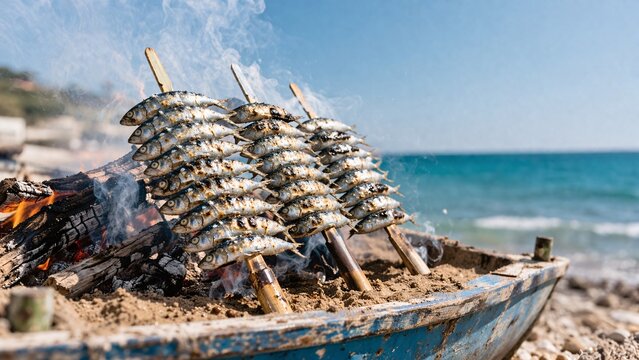 Traditional sardine skewers (espetos) roasting over sand fire on the beach, 16:9.