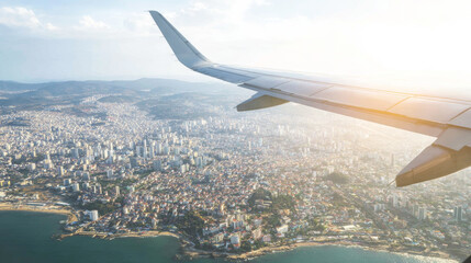 Obraz premium Airplane wing capturing a vibrant coastal city from above, showing urban buildings, ocean, and skyline under bright sunlight