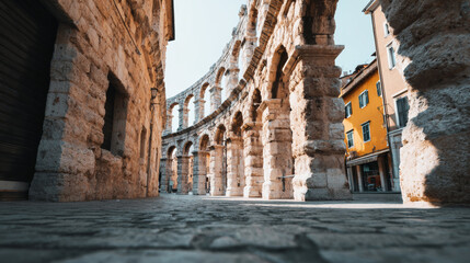 Fototapeta premium Ancient Roman amphitheater in Pula, Croatia, historic stone arches contrasting with vibrant town buildings
