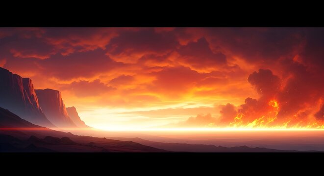 Vibrant orange and yellow sunset over a mountain range with cloudy sky