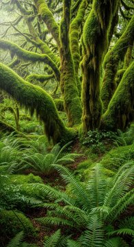 Lush temperate forest landscape featuring bright green moss covering old tree trunks and dense ferns filling the damp, quiet undergrowth environment, flora, canopy, nature