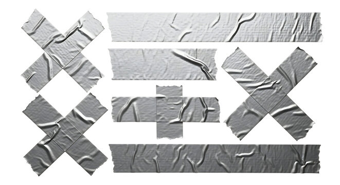 Collection of silver duct tape strips and crosses with wrinkled texture isolated on a black background