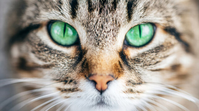 Cat's intense green eyes capturing attention, displaying detailed fur texture and symmetrical muzzle framing