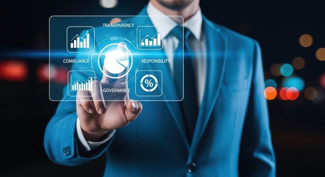 Businessman interacting with a digital interface representing corporate governance, compliance, transparency, and responsibility concepts