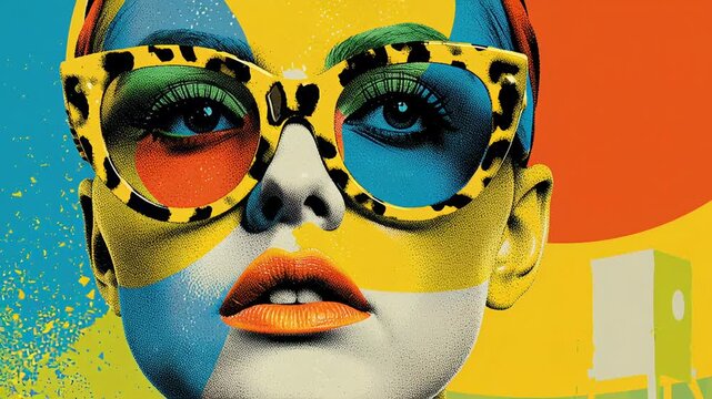 Vibrant pop art portrait female model wearing leopard sunglasses, posterized halftone treatment with bright cyan yellow orange palette, bold coral lips