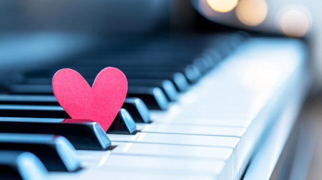 Red paper heart resting on piano keys symbolizing love for music, romantic melody, and emotional harmony