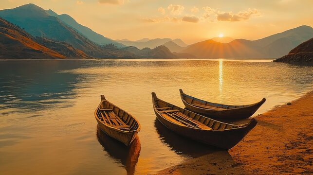 Golden sunset over a tranquil lake, with traditional wooden boats on the shore.