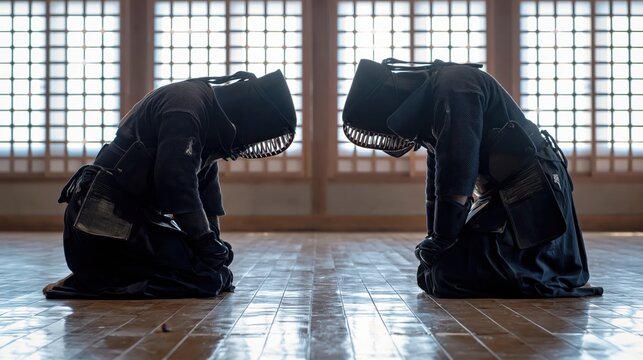 Two kendoka in traditional kendo armor bowing to each other in a martial arts dojo. Japanese martial arts practice, discipline and respect concept. Two trained men preparing for a sport competition