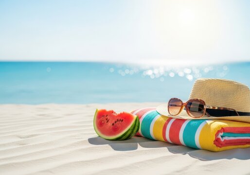Vibrant summer day scene capturing the essence of warm weather leisure, featuring sunbathing accessories ready for relaxation near the water's edge, flipflops, vibrant, backyard