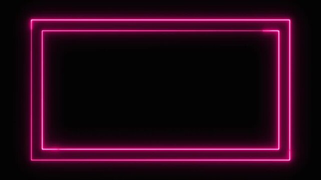 Drawing and disappearing pink neon rectangular frame animation on a black background, corporate presentation, futuristic interface, technology display, or event backdrop