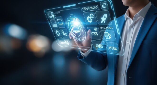 A professional in a blue suit interacting with a futuristic digital interface displaying web development concepts