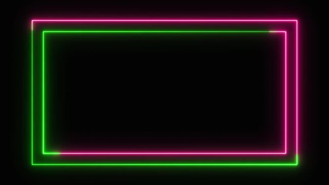 Two glowing neon rectangular frames drawing animation in vibrant pink and green on black background, cyberpunk, gaming, presentation, or futuristic design
