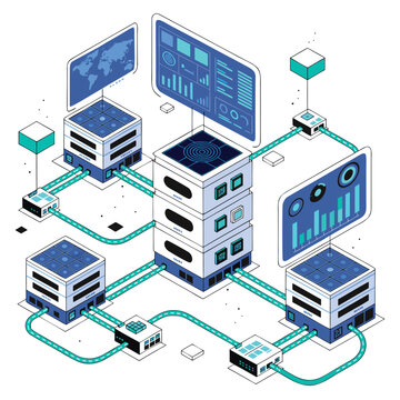 Isometric data center server network with digital dashboard and global connectivity