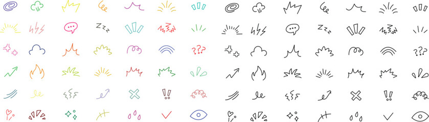 Obraz premium Doodle manga comic expression icon set collection cartoon effects symbols burst spark speech cloud motion lines, fun sketch elements, black style vector illustration isolated transparent background
