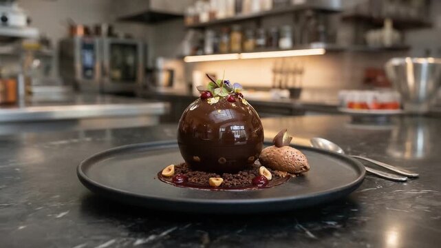 Elegant chocolate dessert sphere with nuts and garnish on black plate in modern restaurant kitchen, showcasing fine dining presentation and gourmet pastry artistry.