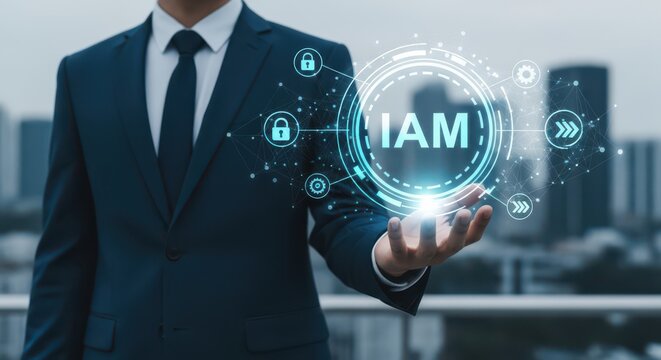 Businessman holding a digital iam identity and access management interface