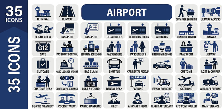 Comprehensive vector icon set depicting various airport operations, air travel processes, and essential services for passengers, crew, and aviation facilities
