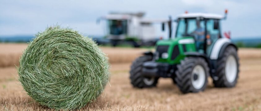 Hay bale positioned near tractor and combine in field