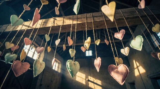 Cinematic perspective of hanging decorative hearts in pastel colors from a low angle with dramatic lighting and shadows.. This