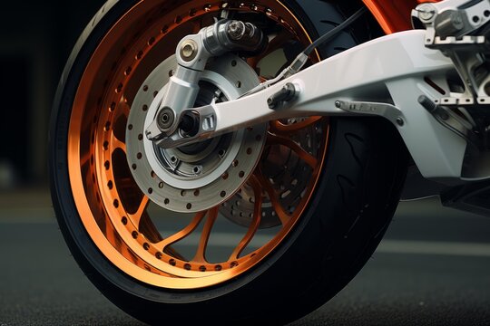 Custom motorcycle rear wheel with glowing orange rim and brake system components