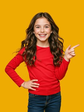 Vertical portrait of a smiling young girl pointing to the right. Happy child in a red shirt and jeans showing direction against a yellow background