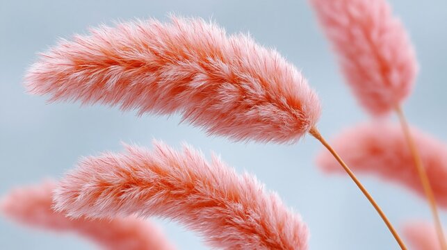 Pink feathery grass plumes bending over soft blue backdrop