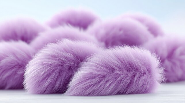 Purple fluffy pom poms grouped on pale neutral surface