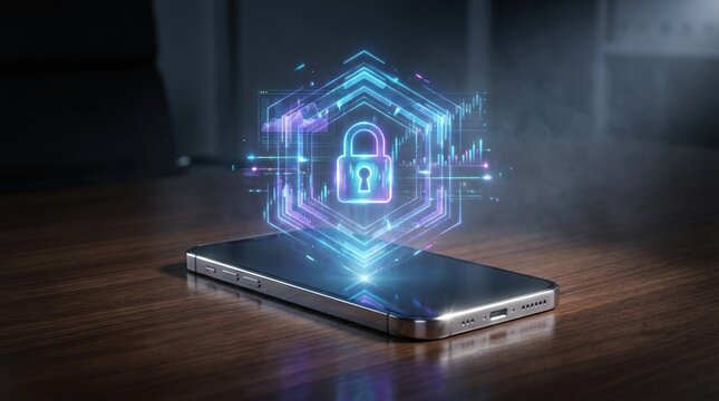 Futuristic digital vault appearing as a brilliant holographic projection from a mobile device resting on a dark walnut office