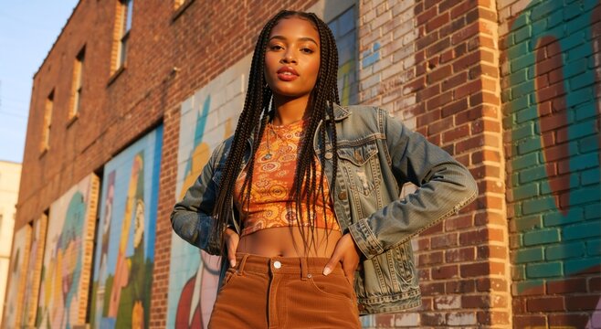 Confident young Black woman standing outdoors in an urban setting. Female model wearing a denim jacket and box braids during golden hour. Brick wall with colorful mural background