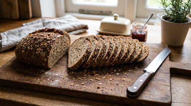 A sliced loaf of whole wheat bread with crumbs on a cutting board and sharp knife next to it