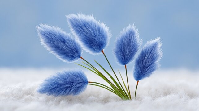 Blue grass stems arranged on soft white surface with fluff