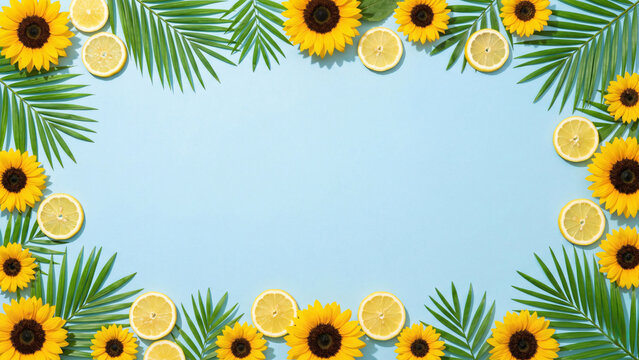 Sunflowers and lemon slices border on pastel blue background, 16:9