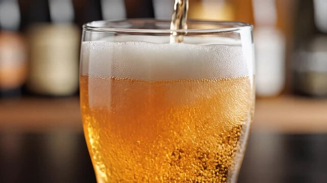 Pouring golden beer into a glass with foam and bubbles.