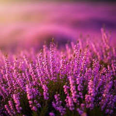 Obraz premium Dense cluster of vibrant purple and pink heather flowers blooming vigorously across a rugged, natural landscape, symbolizing resilience and wild beauty, background, moor, violet