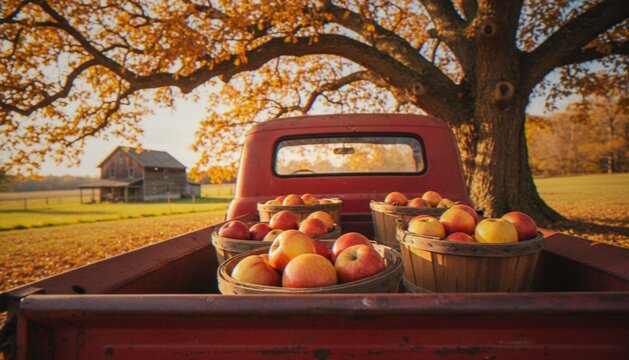 A classic red pickup truck sits in a golden autumn field, its truck bed filled with wooden baskets overflowing with freshly harvested apples near a rustic barn.