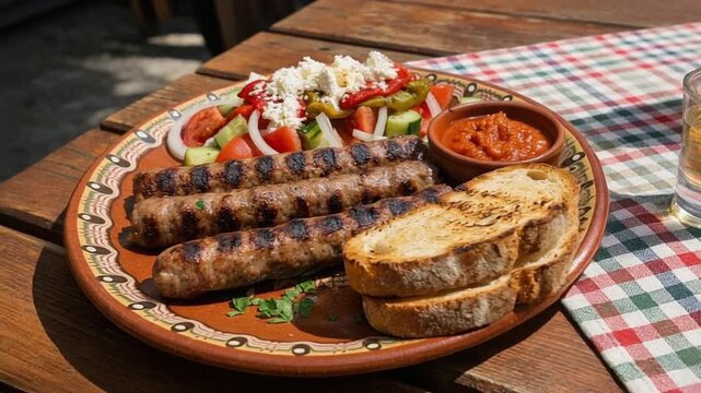 Bulgarian kebapche grilled minced meat served with fresh salad, bread, and red pepper sauce on traditional plate, highlighting Balkan cuisine and street food culture.