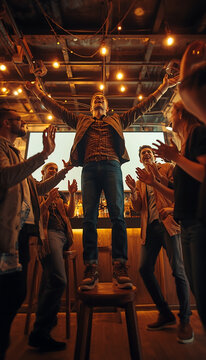Young man standing on stool with arms raised in celebration surrounded by friends in a dimly lit room with string lights