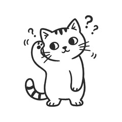Obraz premium Confused feline character thinking. Minimalist vector illustration of a cat with question mark symbols isolated on white background.