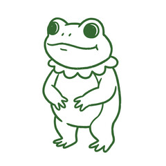 Fototapeta premium Vector illustration of a standing frog mascot. Minimalist green line art, cute amphibian character with a happy expression isolated on white.